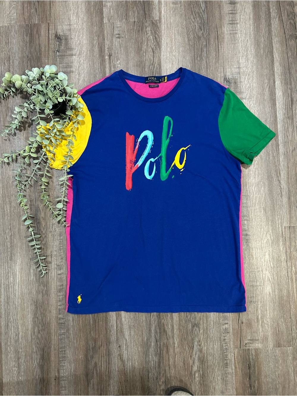 Polo Ralph Lauren Colorblock Script Graphic Tee Shirt Blue Yellow Green Sz XL
